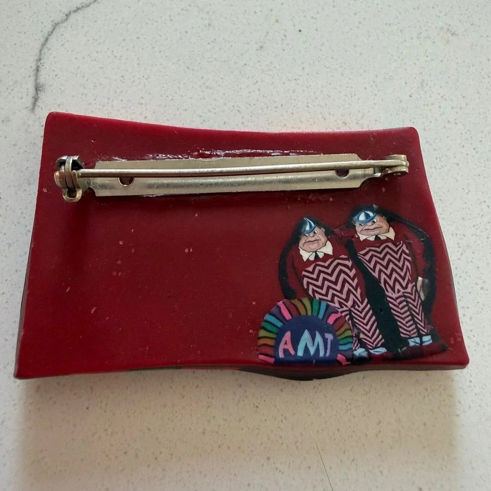 Rare Vintage 1990s Kathleen Amt Signed Polymer Clay Brooch Pin Cheshire Cat Art